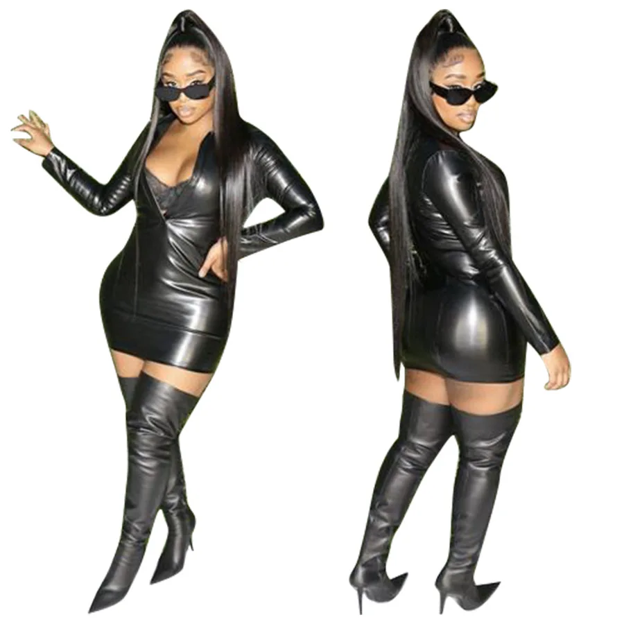 

Women Faux PU Leather Dresses Deep Vneck Zippers High Elasticity Dress Sexy Club Party Oversize 2XL Lady Dress 2022