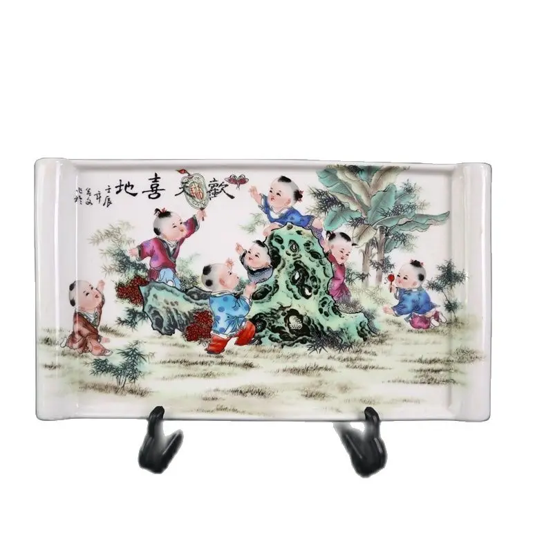 

Jingdezhen pottery powder color baby play pattern square plate home living room ornaments
