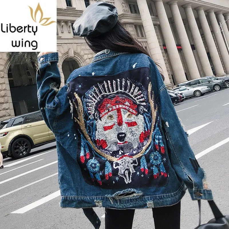 

Autumn New Sequins Washed Ripped Hole Hooded Denim Coat Women Streetwear Fashion Single Breasted Blue Jean Jacket M-2XL