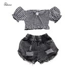 Детская летняя одежда, джинсовые шорты для девочек, укороченные топы с открытыми плечами, блузка с оборками на рукавах и бантом, рваные штаны с карманами, 2020