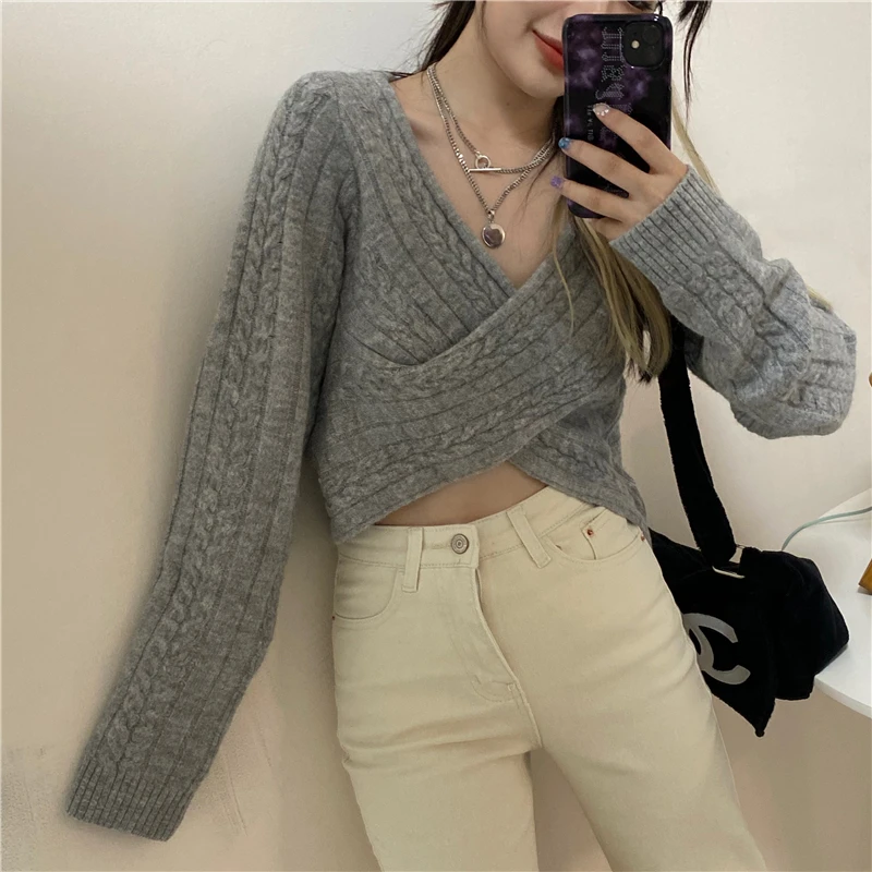 

Корейский короткий женский Однотонный пуловер с v-образным вырезом, винтажный женский офисный свитер с длинным рукавом и перекрещивающимся...