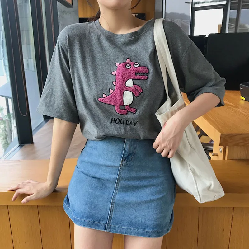 

Plus Size Women T Shirt 2020 Summer Short Sleeve Top Tees Funny Cartoon Dinosaur Printed Korean Femme Tshirt