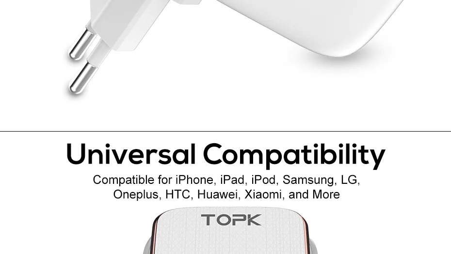 TOPK 5V 3.4A(макс.) • 3-Порты и разъёмы светодиодный светильник USB Зарядное устройство адаптер 2-в-1 дорожное Сетевое зарядное устройство с американской автоматической идентификации мобильного телефона Зарядное устройство для iPhone samsung