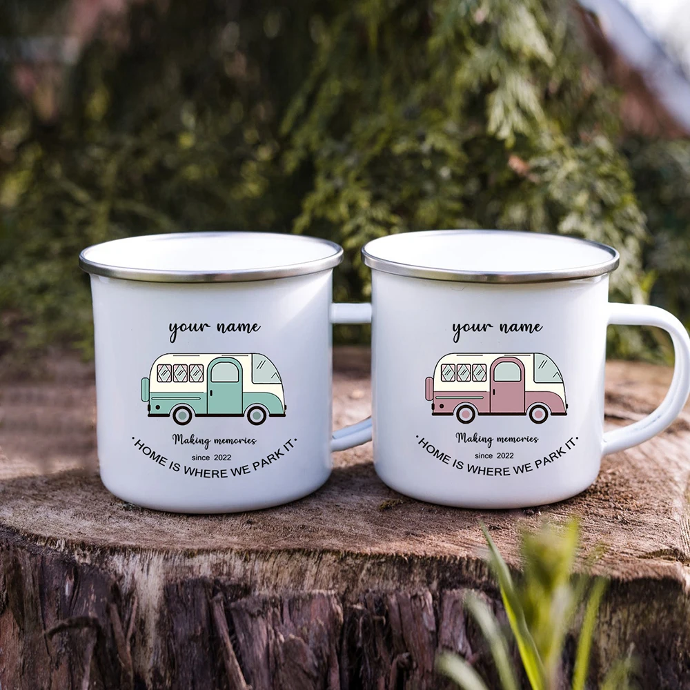 Campervan Enamel Coffee Mugs Couple Travel Name Custom Cups His and Hers Retro Caravan Personalised Camper Van Gifts Present