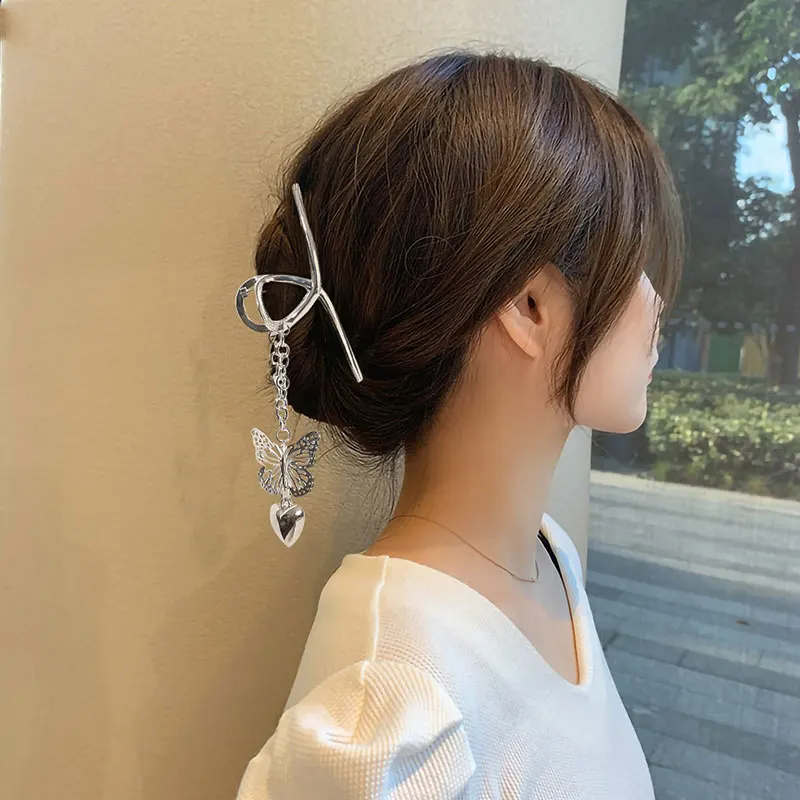 

Elegant Silver Metal Hair Claws Butterfly Love Pendant Hairpins Women Acrylic hair clip hair accessories