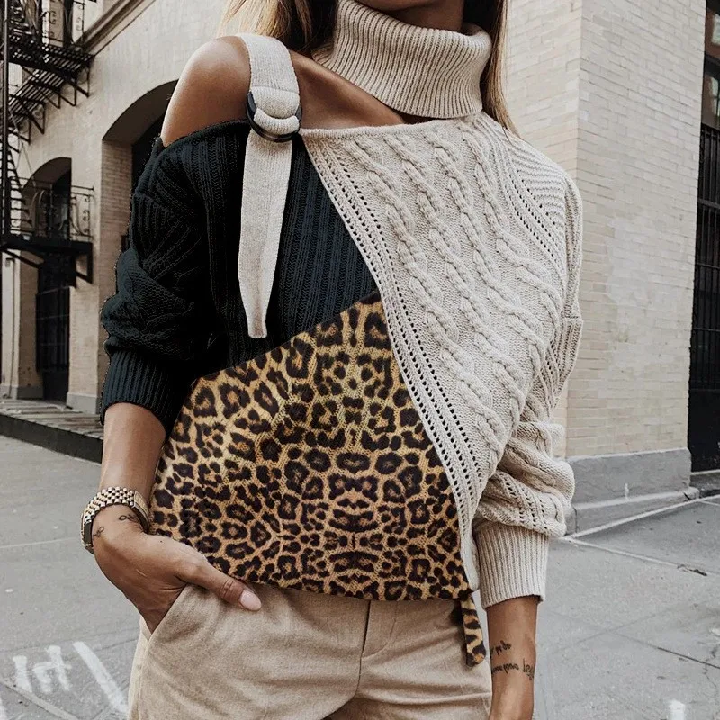 

Patchwork Knitted Turtleneck Leopard Sweater Women Off Shoulder Autumn Sweaters Pullover Winter Long Sleeve Oversized Sweater