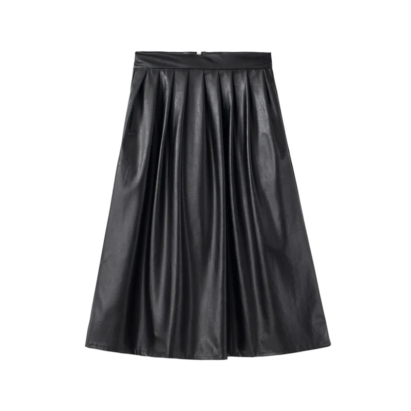 

Womens Long Pleated Pu Leather A-line Skirts Black High Waist Female England Vintage Korean Loose Pleated Pocket