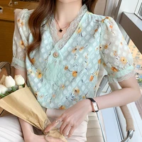 green v neck short sleeved chiffon floral blouse summer dress 2021 new female fashion casual shirt regular floral casual