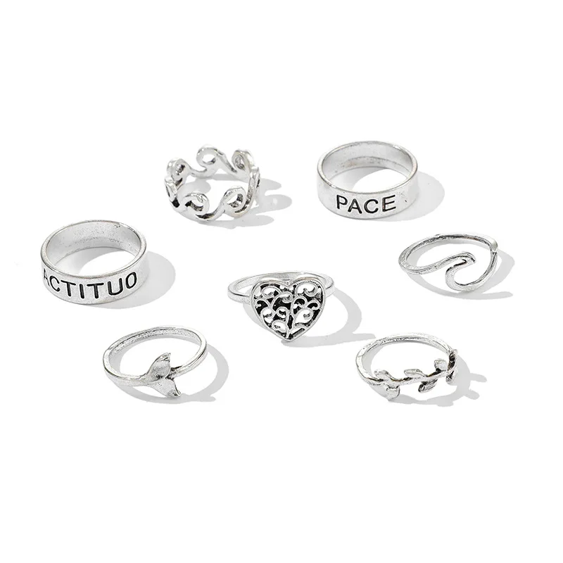 

7 Pcs/Set Fashion Women Rings New Arrival Cool Hollow Out Heart Leaf Letter Alphabet Fishtail Alloy Rings Set Jewelry For Girls