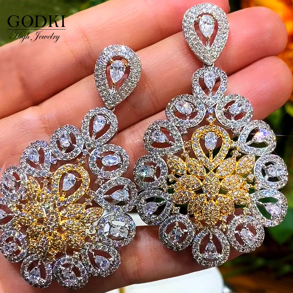 

GODKI 69 мм Роскошные африканские длинные висячие серьги с листом для женщин Свадебные серьги-подвески с кристаллами цирконием CZ в нигерийском...