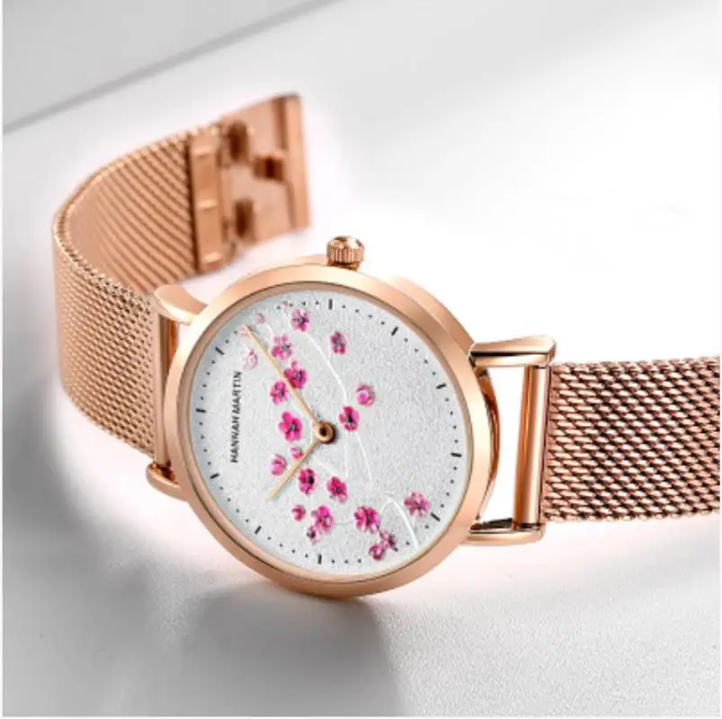

Japanese movement waterproof braided steel band watch rose gold plum blossom flower student literary temperament ladies watch