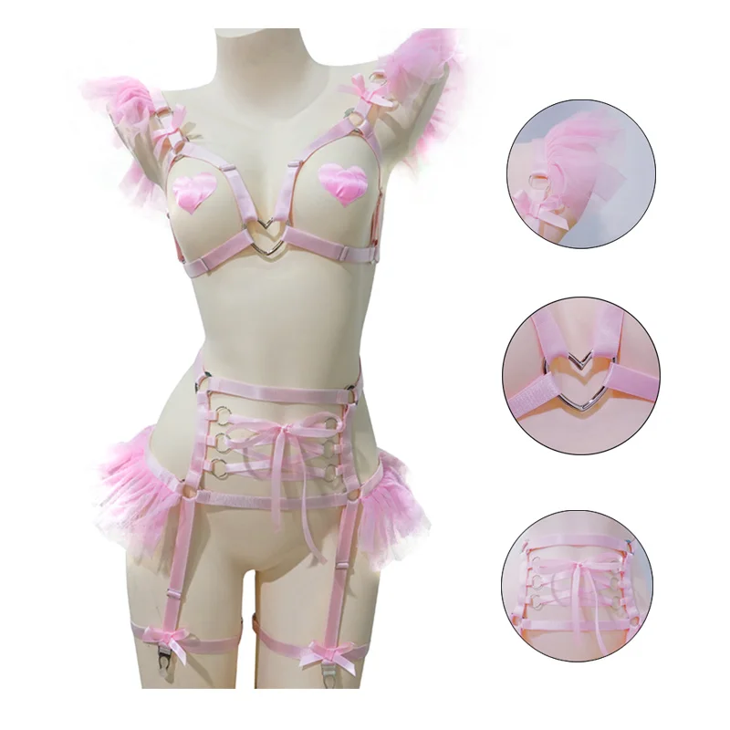 

Gothic Pink Bow Chiffon Ring Open Bust Top Cage Lingerie Pastel Punk Body Belt Woman Garter