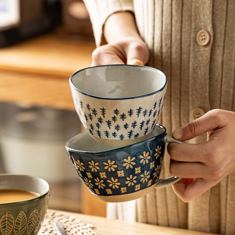 

310ml Japanese Vintage Ceramic Mug Handgrip Cup for Breakfast Milk Oatmeal Coffee Heat Resistant Office Home Drinkware Cups