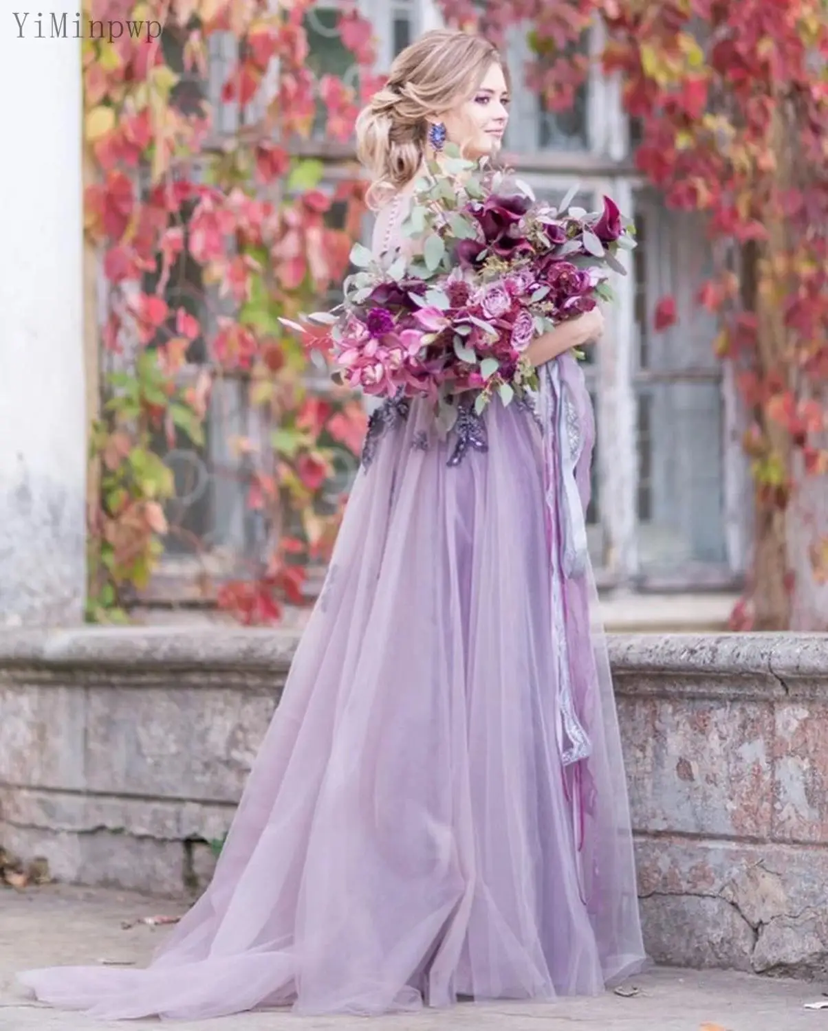 

YiMinpwp Lavender Prom Dresses Long Sheer Neck Sweep Train A Line Illusion Appliques Beads Women Wedding Evening Party Gowns