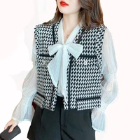 perhaps u women elegant causal two piece set chiffon bow petal sleeve shirt diamond button bird lattice loose vest set t3074
