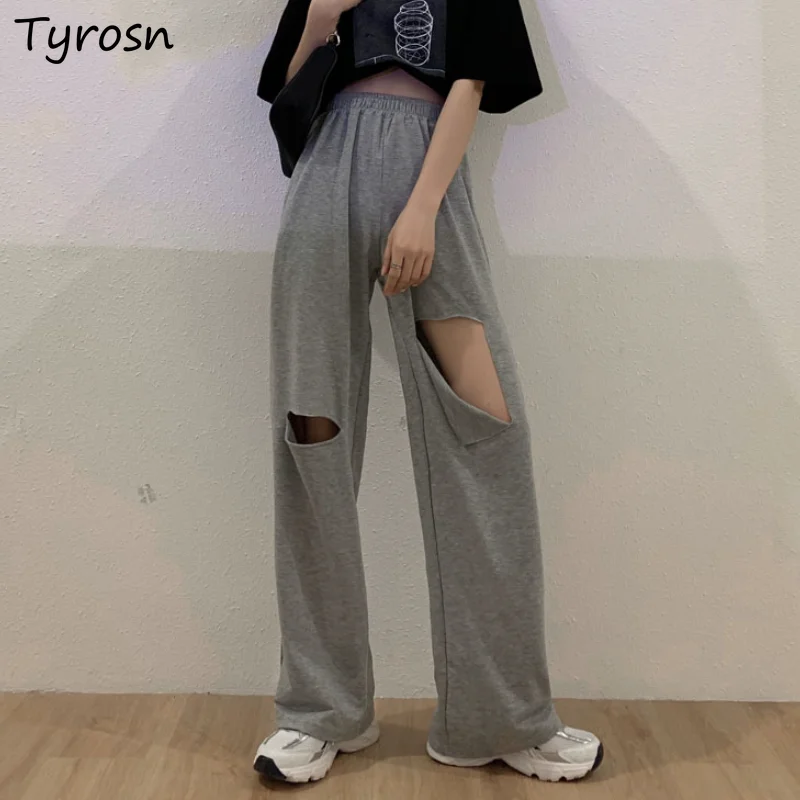 

Solid Pants Women Holes Designed Fashion Hip Hop High Street Gothic Empire Waist All-match Draped Leisure Mopping Harajuku Hot