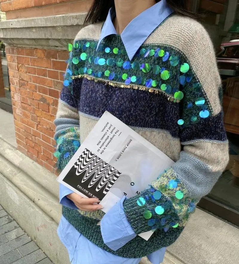 

Blue Striped Roundneck Knitted Pullover Sweater for Woman 2020 Autumn Winter Designer Luxury Woman Clothing Jersey Jumper