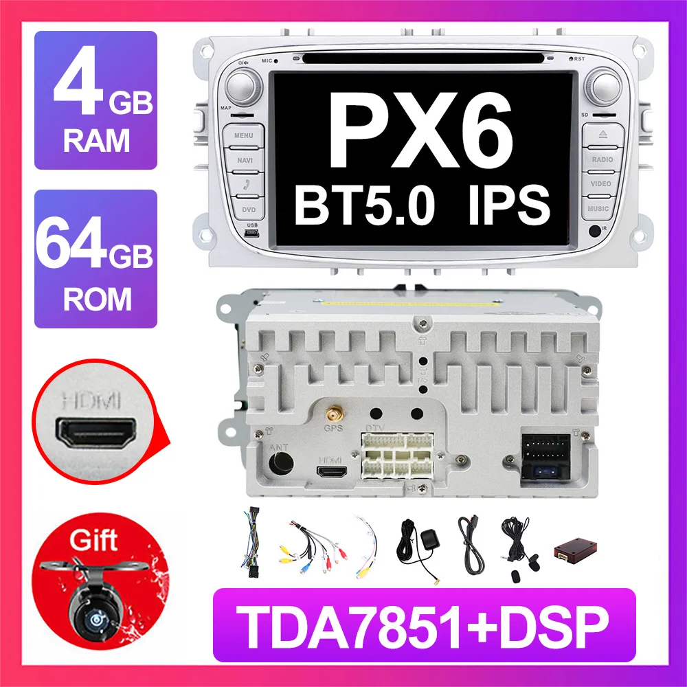PX6 4G 64G S DSP Eunavi 2 Din " Android 9,0 автомобильный dvd-плеер радио онлайн карты gps навигация wifi для Ford focus II Galaxy Transit Tourneo Mondeo - Цвет: PX6 4G 64G S DSP
