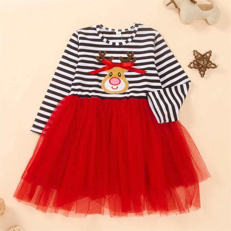 

Baby Girls Embroidered Cartoon Long Sleeve Christmas Mesh Tutu Dress