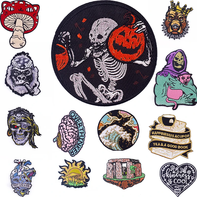 

Punk Skull Orangutan Patch Animal Embroidery Patch Clothes Sticker Ironing Patch Heart Mushroom Badge Cloth Sticker DIY Patches