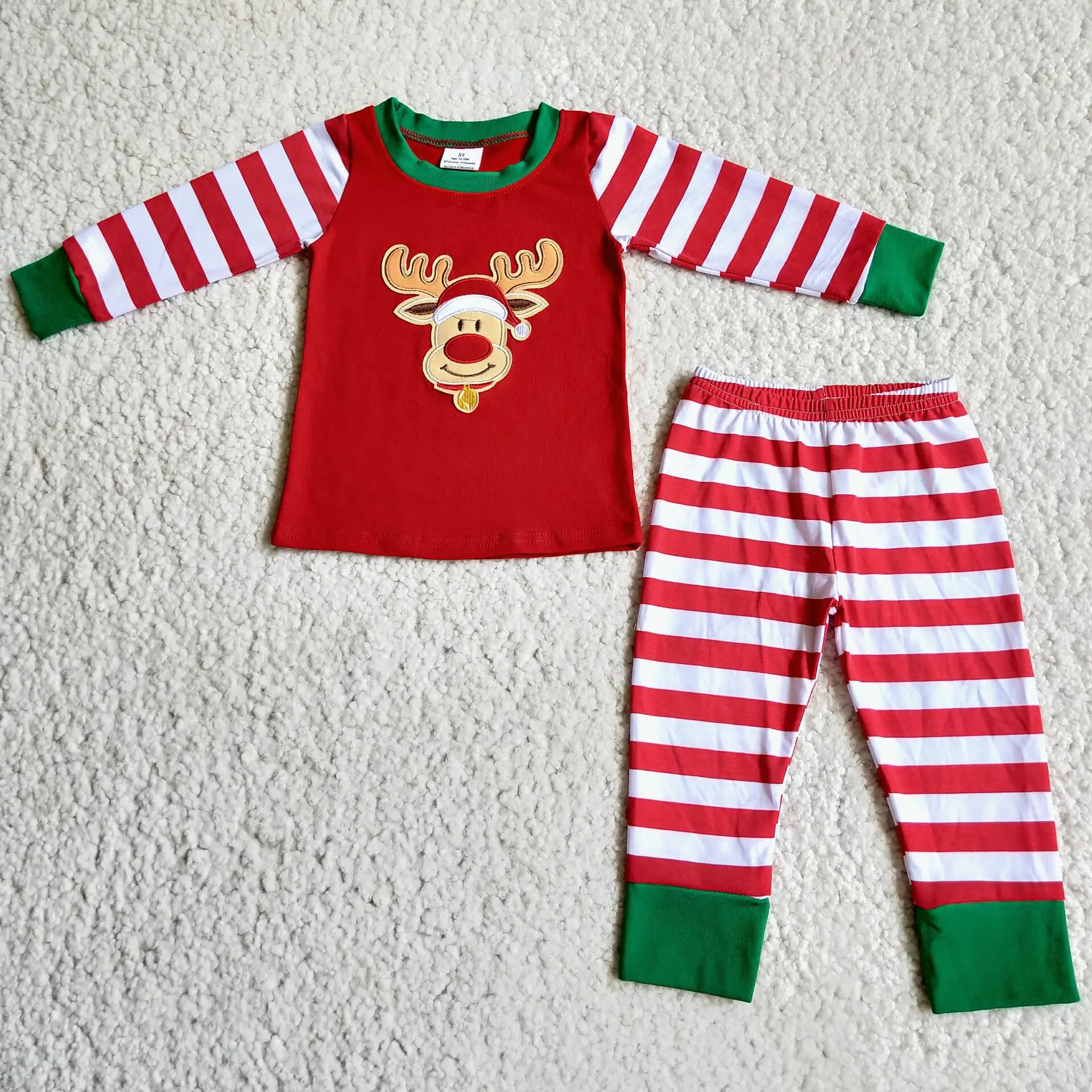 

Wholesale baby boys girls kids children Christmas Reindeer embroidery pajamas kids polka dot striped pants outfit