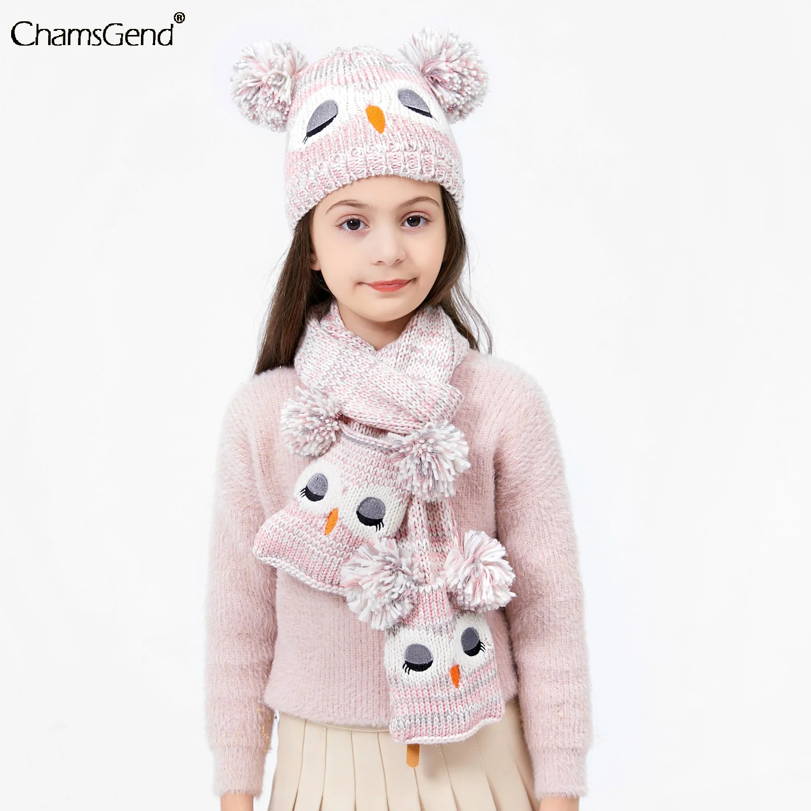 

Kids Girls Pink Owl Cartoon Knitted Scarf Beanies Hat Set Lovely Children Winter Warm Neck Warps Earmufff Caps Scarves