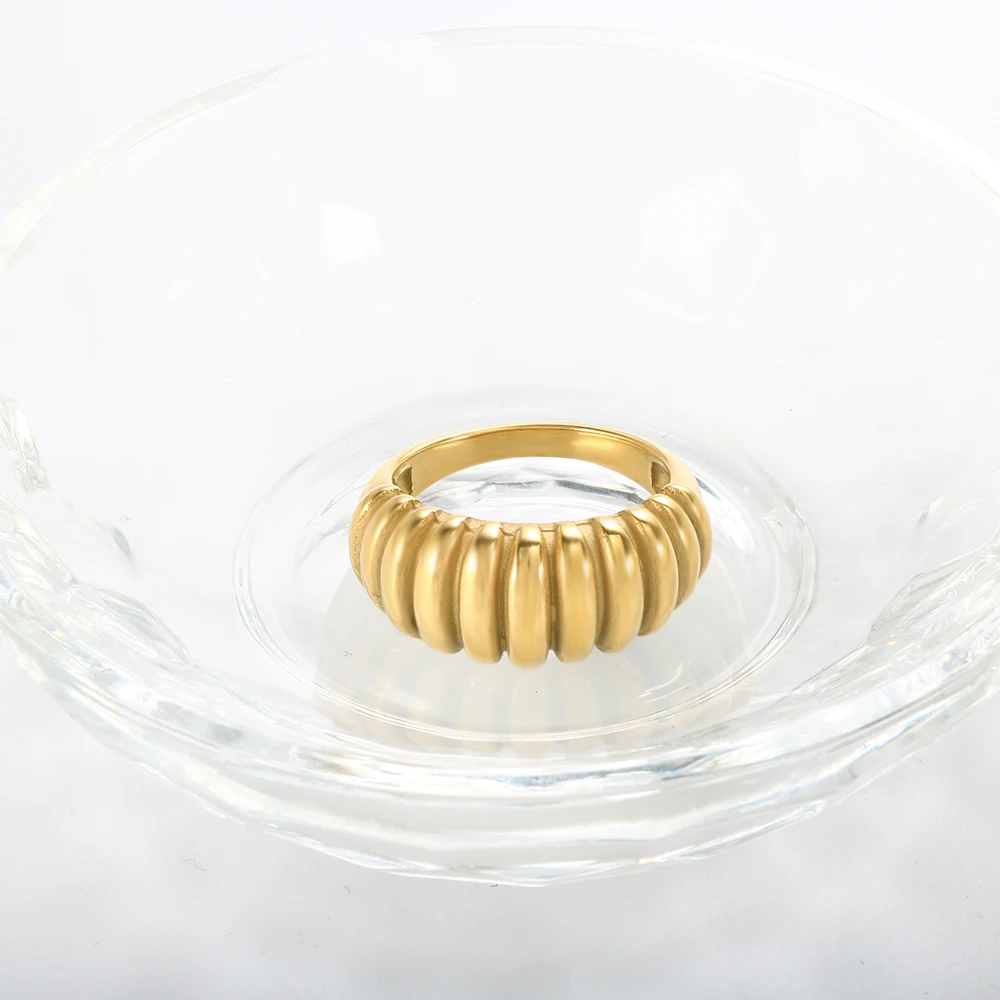 

Croissant Ring 18K Gold IP Plateding Stainless Steel Statement Ring Stripes Braided Twisted Rope Signet Chunky Ring