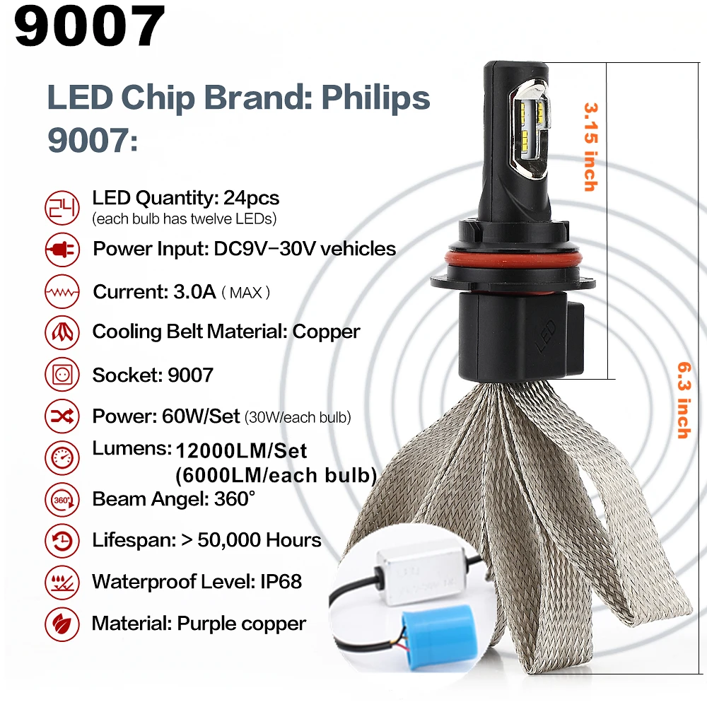 Ароуз 2 шт. P7 9007 H3 H4 H7 H11 Автомобильный светодиодный фары кос излучающих 60 Вт 12000LM CSP