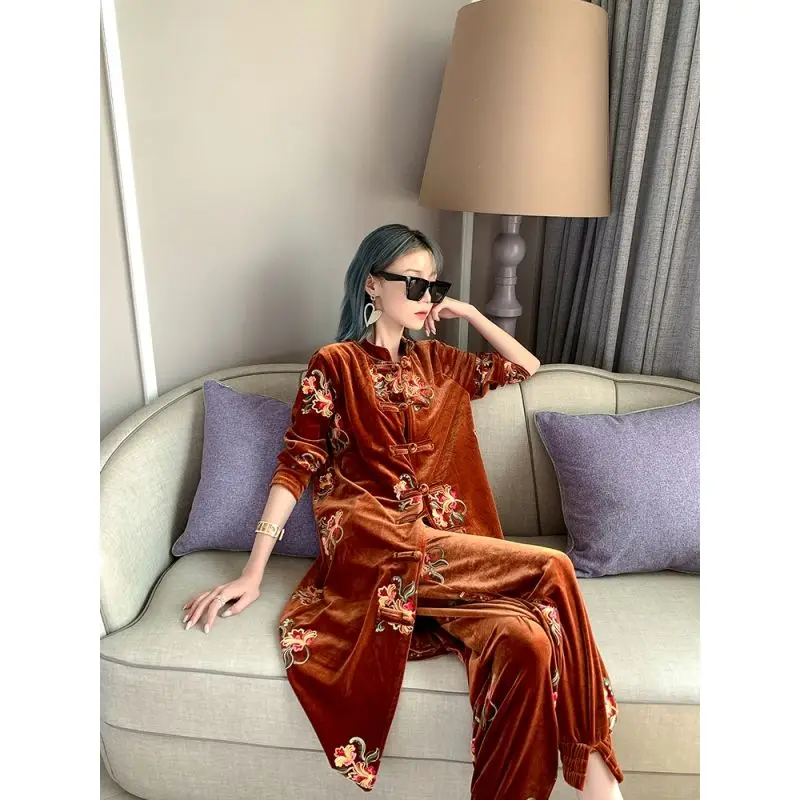 

One Piece / Retro Chinese Tang Style Improved Windbreaker Jacket Medium Length Heavy Industry Embroidered Shirt Pants Suit For