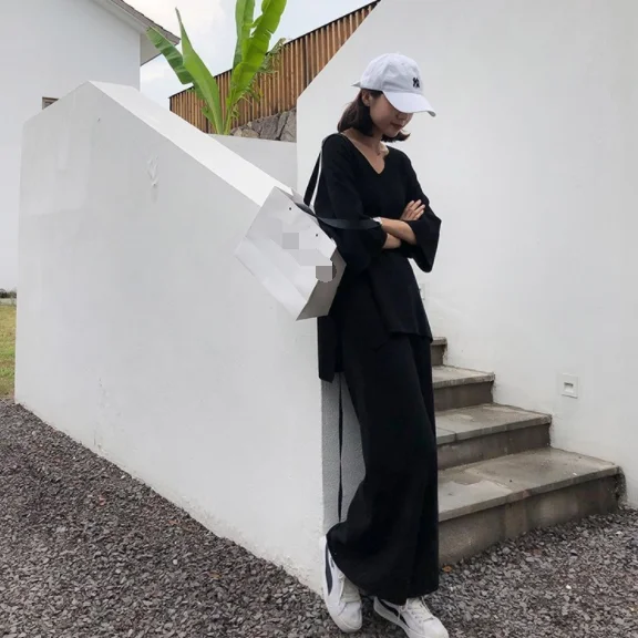 Вязаный свитер брючный костюм для женщин комплект из двух предметов вязаный