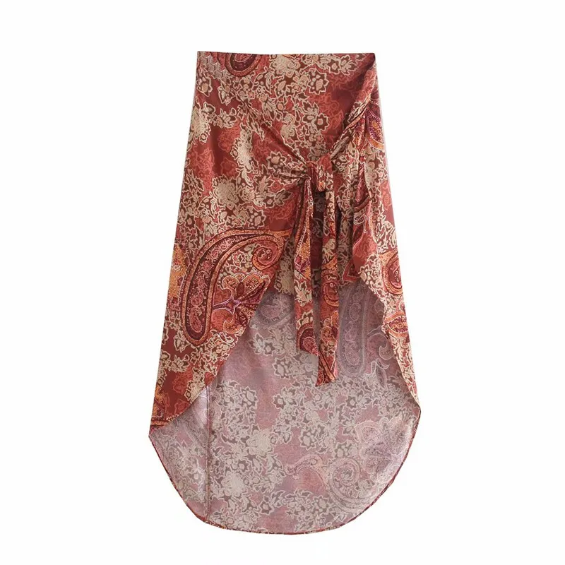

ZA 2021 Vintage High Waist Midi Skirt Women Floral Print Knot Summer Skirts Woman Chic Side Zip Asymmetric Hem Casual Skirt