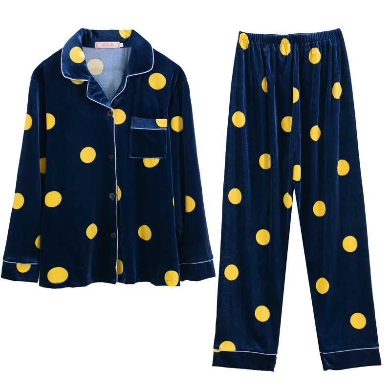 

Fashion Women's Fresh Lapel Long-Sleeved Buckle Polka Dot Gold Velvet Pajamas Set 2/piece