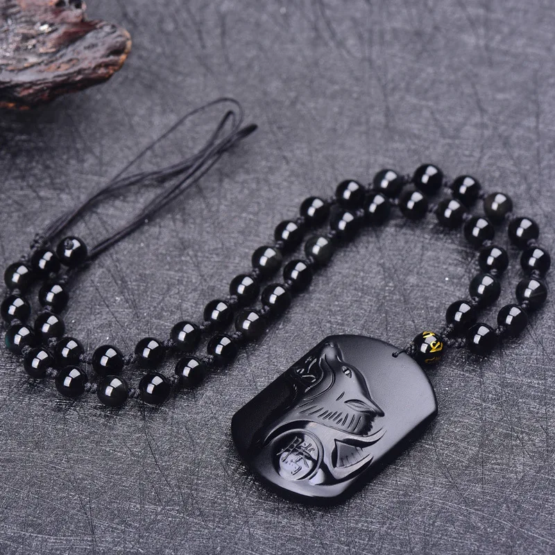 1 шт. мужской амулет с головой волка из натурального черного обсидиана - купить по