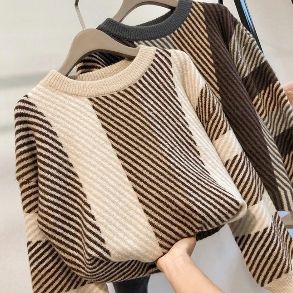 

Woman Sweaters Striped O Neck Woolen Brown Sweater Long Sleeve Knitted Sweaters For Women Ladies