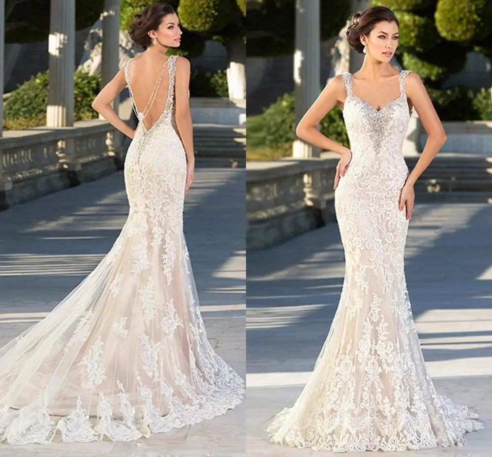 

Sexy Champagne Backless Lace Mermaid Wedding Dress 2021 Straps Beaded V-neck Bride Dress African Wedding Gowns LCNM92