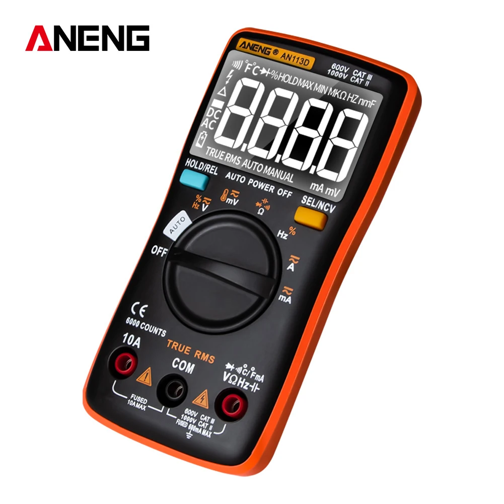 AN113D Digital Multimeter 6000 Counts Electrical Transistor Tester Temperature Auto Ranging AC/DC Voltage Meter for Electrician