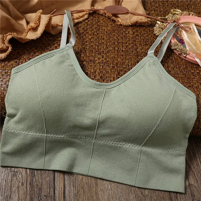 green Женский топ, женское нижнее белье, кроп топ,бесшовный укороченный топ, майка, Женский топ без рукавов, бесшовное нижнее белье, женские топы, сексуальное нижнее белье, со съемными мягкими подбитый, женская мода - Цвет: green