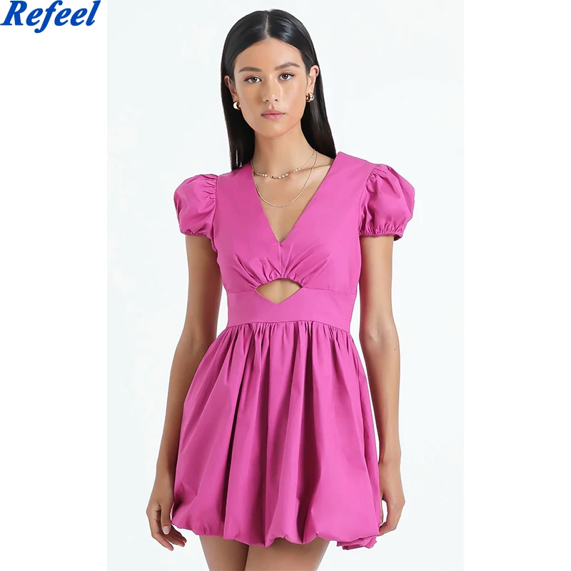 

Женское плиссированное платье в стиле ретро, розово-красное платье с глубоким V-образным вырезом и вырезами на талии, облегающее платье с ру...