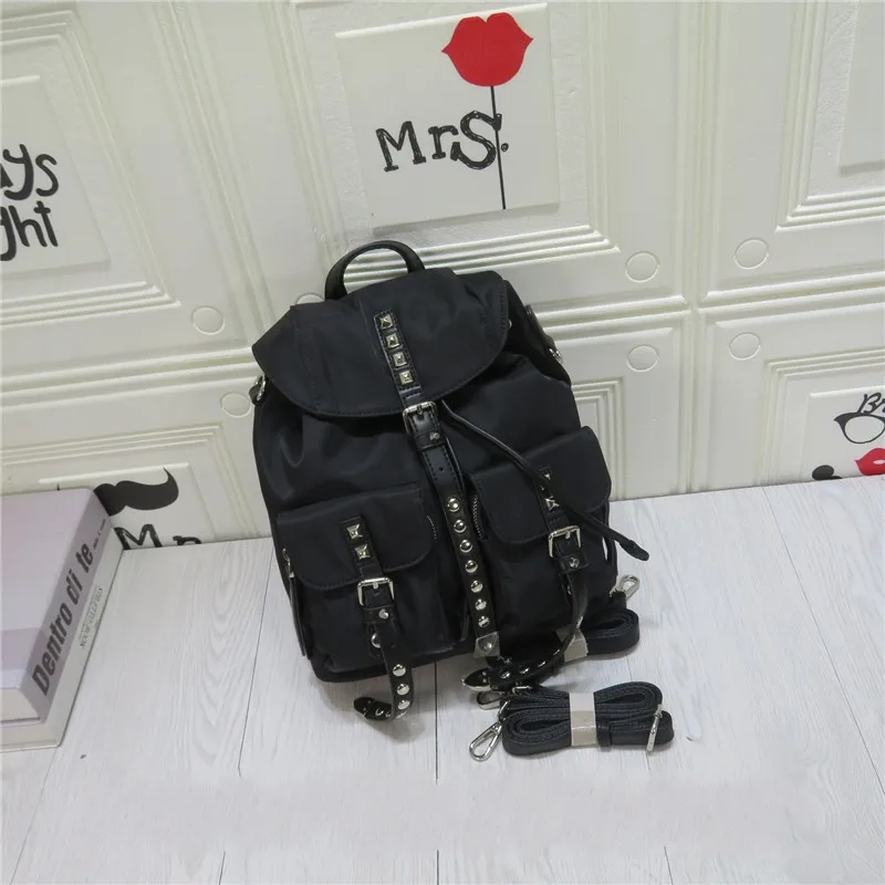 Oxford Backpack Women Fashion Rivet Drawstring Black Travel Backpack Harajuku Casual Bag Female School Bag 2023 Mochilas mujer