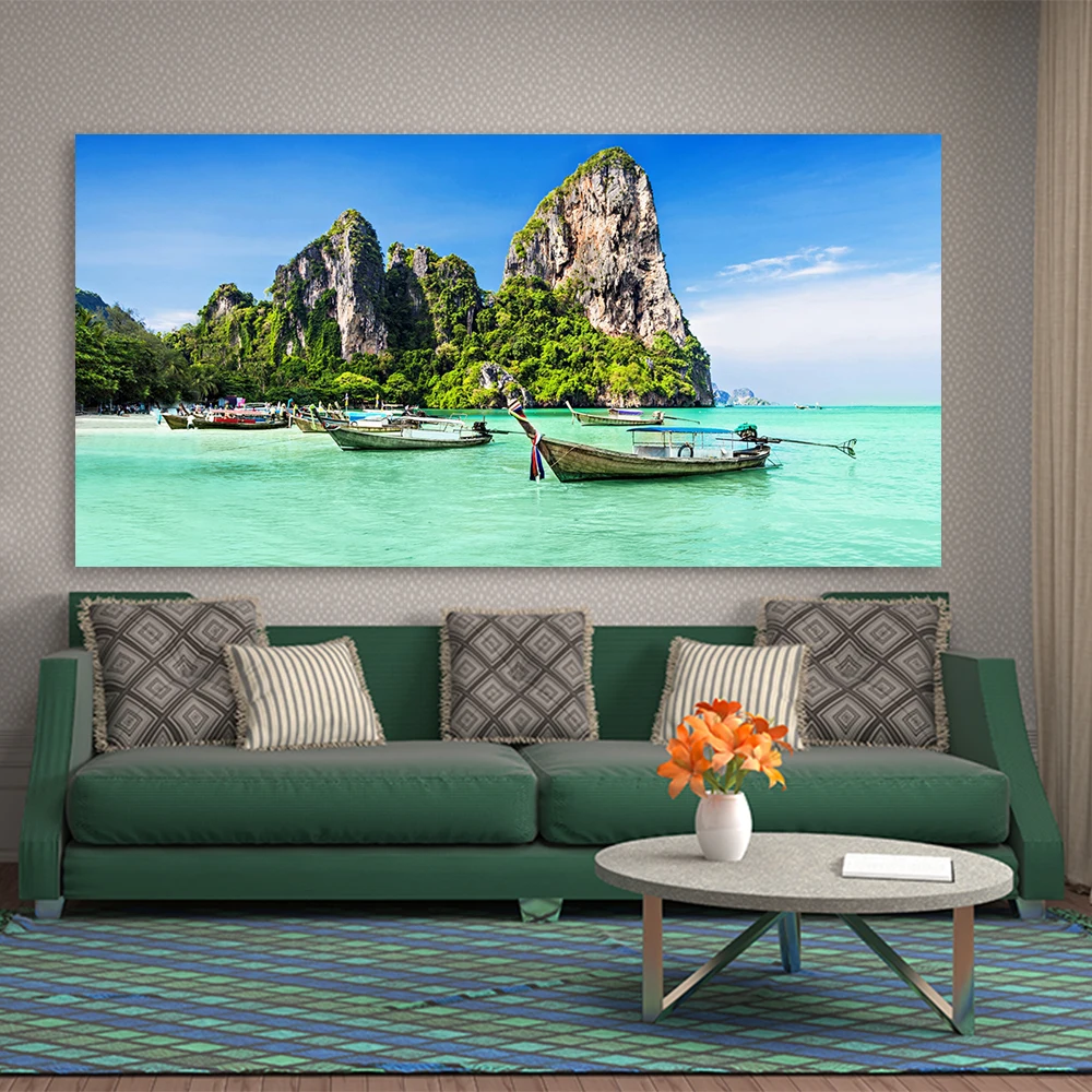 HD печать картина Картина с изображением голубого неба Озеро Лодка горы река лес