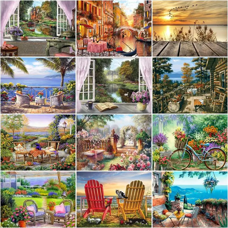 

GATYZTORY 5D Diamond Painting Deck Chair Landscape Diy Diamond Embroidery Mosaic Scenery Home Decoration For Children Adults