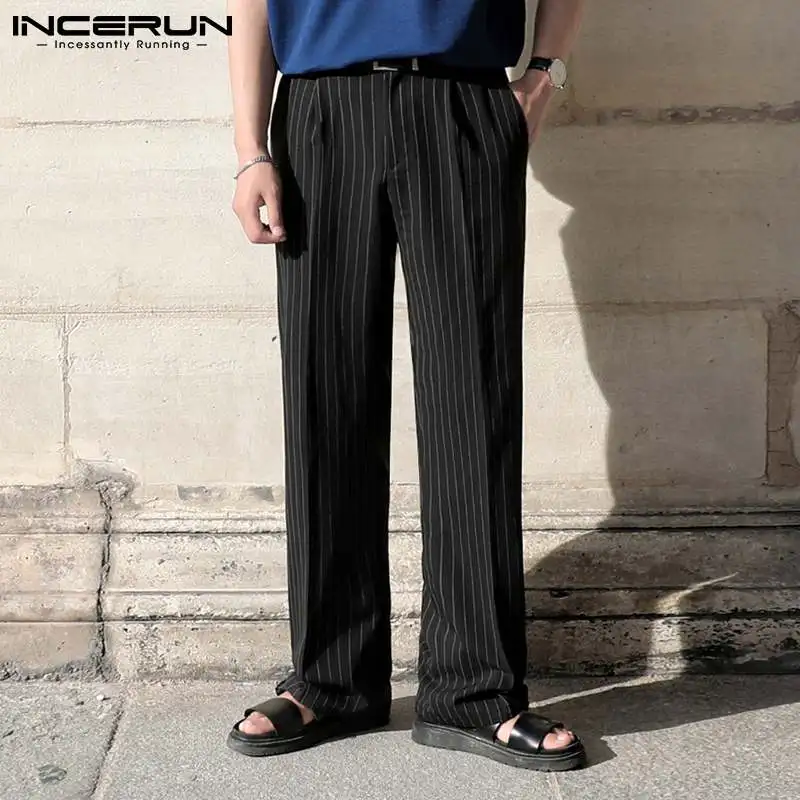 

INCERUN 2021 Spring Men Casual Pants Fashion Straight Striped Trousers Korean Style Man Loose Zipper Pantalones Streetwear 5XL