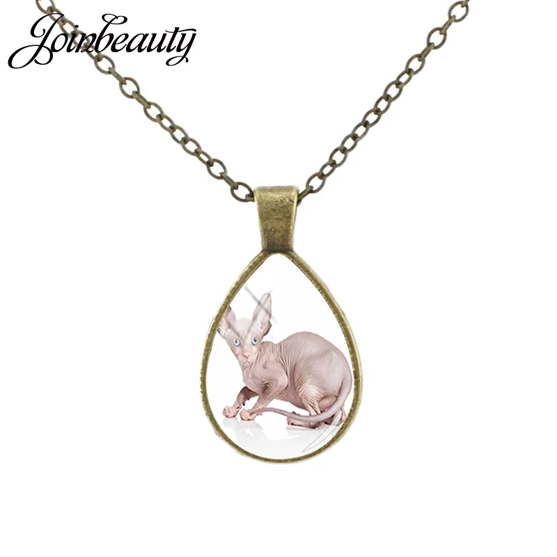 JOINBEAUTY Vintage Tear Drop Necklace Pets Sphinx Cat Picture Pendant Women Handmade Jewelry Animal Lovers Gifts CA210