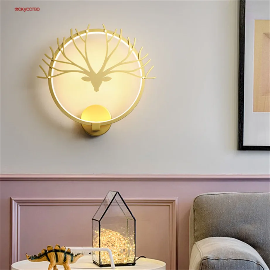 

Nordic Golden Antlers Luxury Round Led Wall Lamp For Kids Bedroom Nightstand Hallway Living Room Decoration Sconce Light Fixture