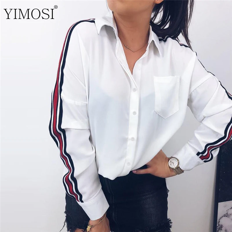 Осенняя Женская офисная блузка рубашка 2019 повседневная полосатая с длинным