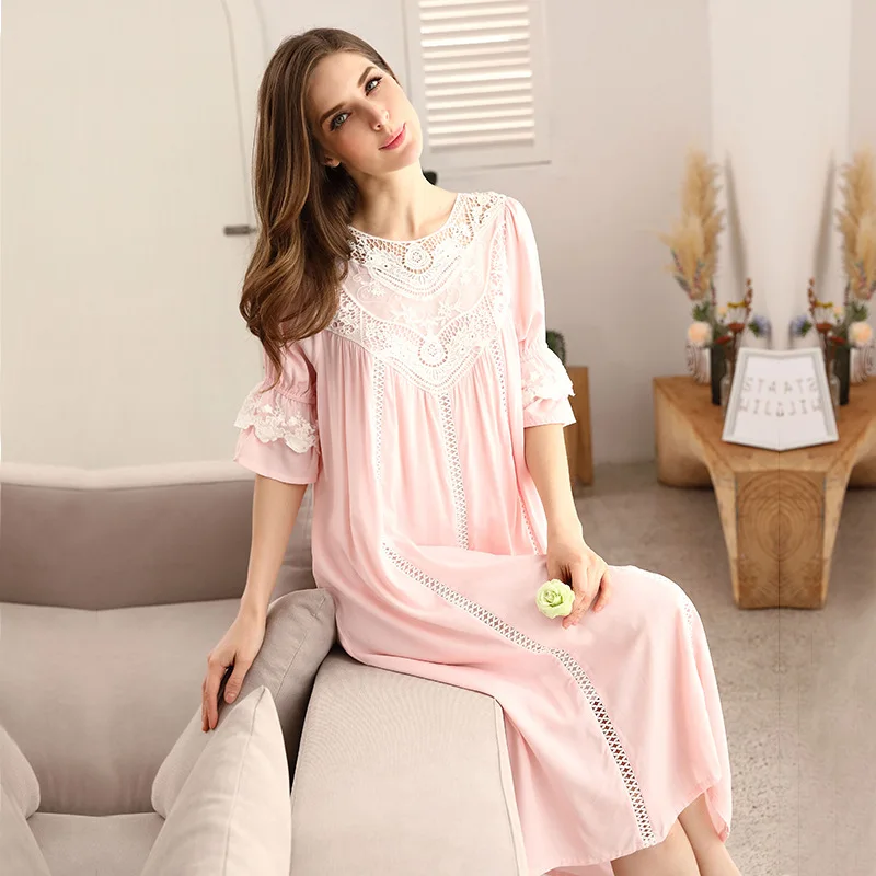 Spring Summer Cotton Women's Nightdress Sexy Lace Nightgown  V-neck Nightdwear Lady Court Style Retro Large Size Home Clothes