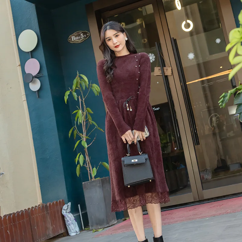 

Sweaters For Women 2020 Elastical Knit Midi Dress Vintage Lace Patchwork Faux Cashmere Sweater With Drawstring