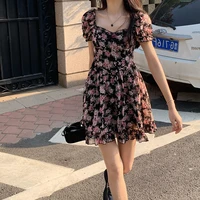 summer floral dress mini women puff sleeve dress vintage rose french square collar chiffon a line short sleeve femme clothes