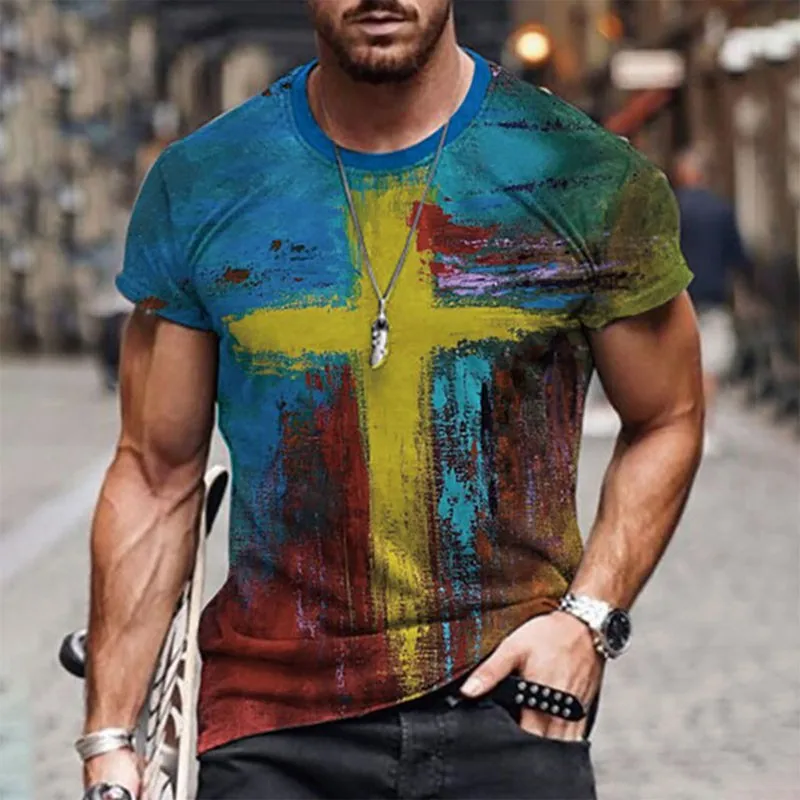 

Hot Selling European/american New Style Men's Fashion T-shirts Retro Leisure Travel 3d Color Printing Short-sleeved T-shirts