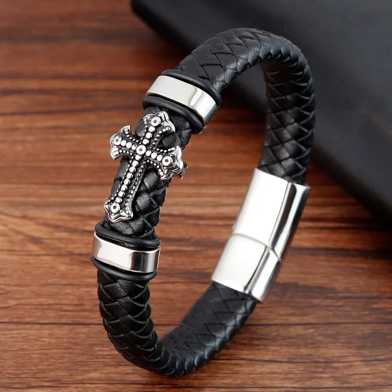 

Leather Handmade Bracelet Genuine Leather Cross Men's Leather Bracelet Retro Stainless Steel Leather Cord Evil Eye Bracelet
